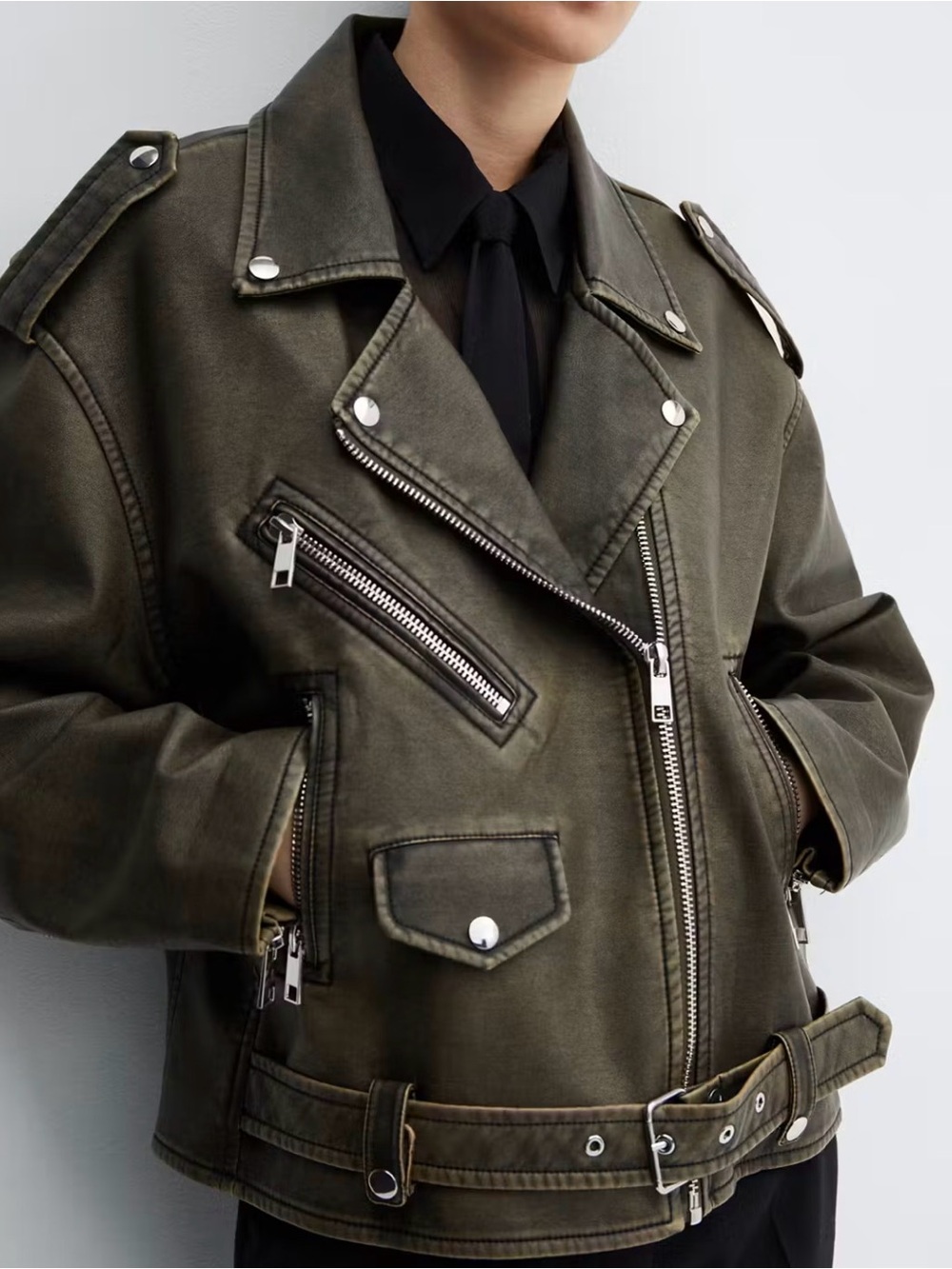 Mango Olive Green Bomber-Style Biker Jacket with Silver Hardware